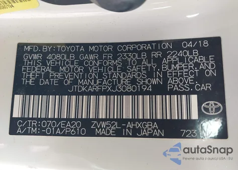 2018 Toyota Prius Prime Premium z USA, uszkodzony, nr VIN JTDKARFPXJ3080194